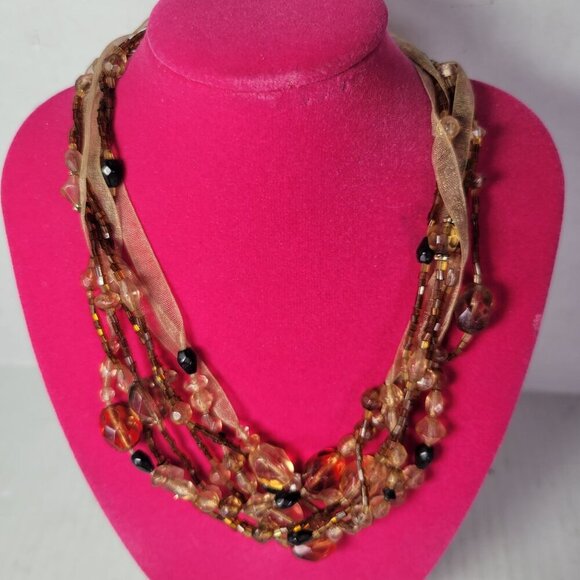 Multi-Strand Boho Layering Monet Amber & Black Tones Beads & Ribbon Necklace - Picture 1 of 5